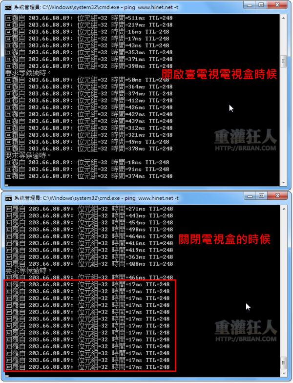 开启电视盒时PING的反应时间大约350~430ms，关闭电视机上盒之後PING值马上降到17ms