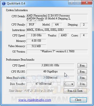 QwikMark 检测CPU型耗、速度与记忆体、磁碟传输速度