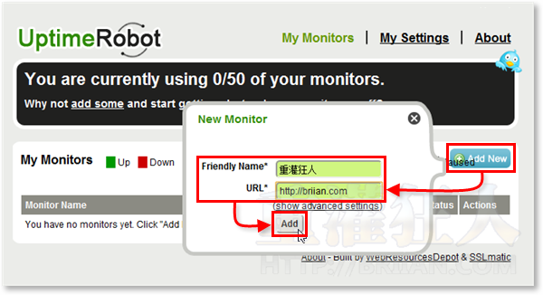 2-Uptime Robot 自动监控50个网站，断线自动发Email、简讯通知