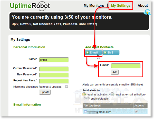 5-Uptime Robot 自动监控50个网站，断线自动发Email、简讯通知