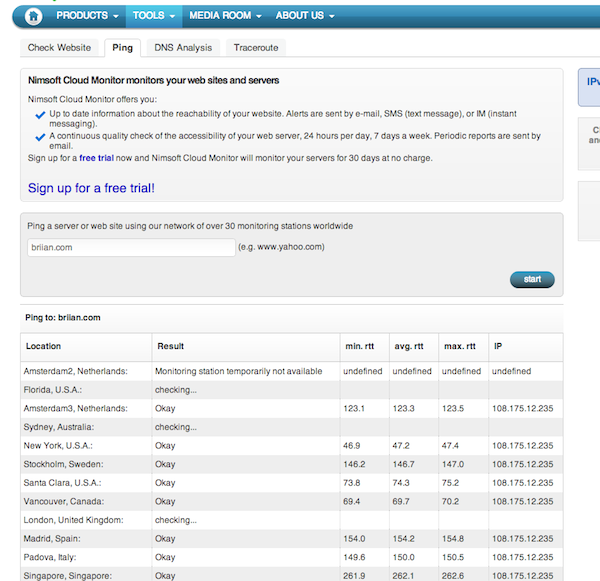 Nimsoft Cloud Monitor 跨国多节点 Ping, Traceroute, DNS 分析、网站测试telegram中文