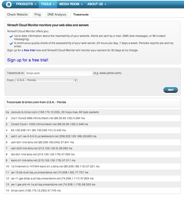 Nimsoft Cloud Monitor 跨国多节点 Ping, Traceroute, DNS 分析、网站测试telegram中文